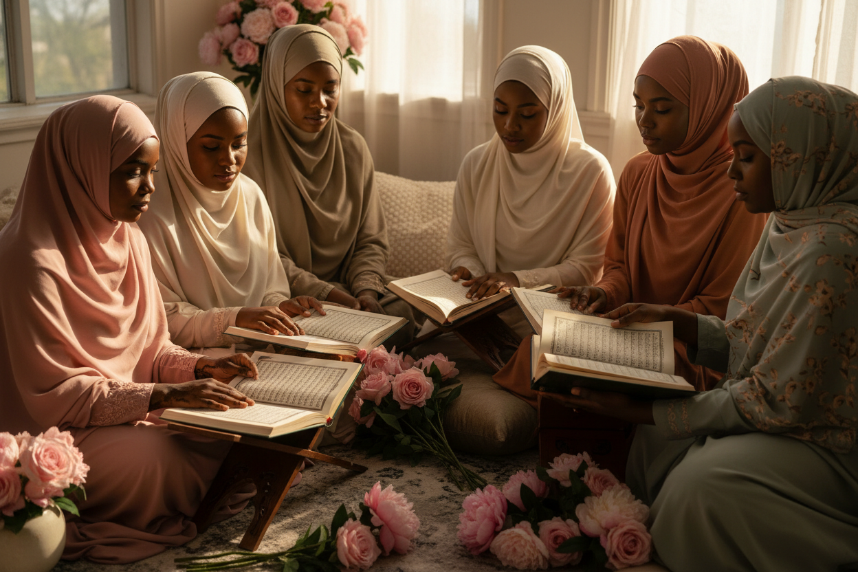 Iman (Islamic) 🤲🏻+ Femininity🌸 + Community🫂 shades of all black woman reading Quran make it realistic not cartoon 